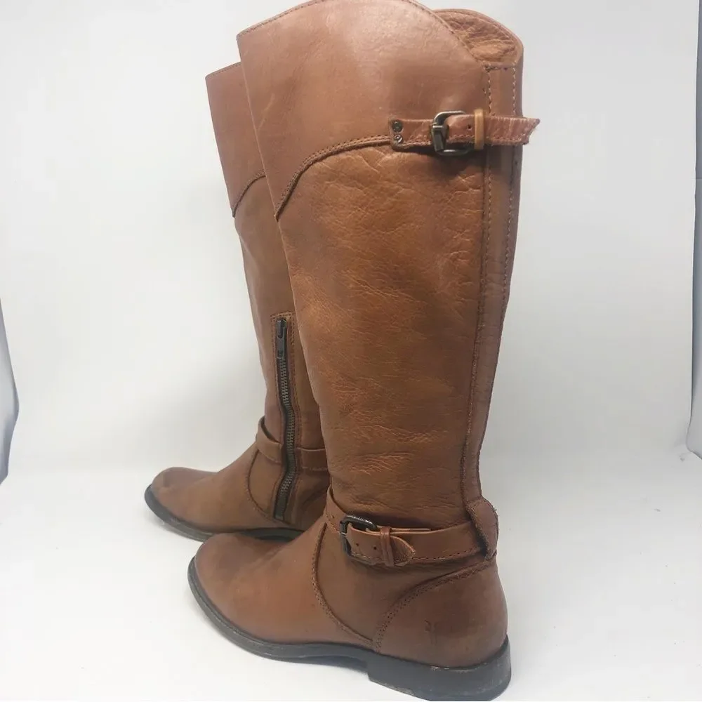 FRYE | Phillip Belted Tall Riding Boots in Cognac Tan Leather Women’s Size 7.5